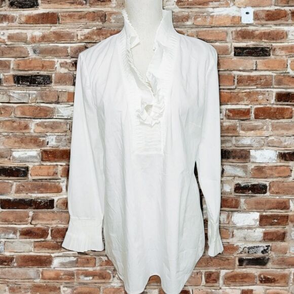 Soft Surroundings Wms Sz Med White Tuxedo Pleated Ruffle Collar Wide Cuff Blouse - Picture 1 of 5